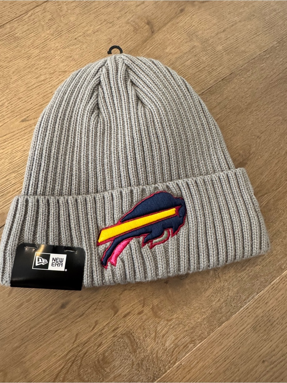 New Era Gray Ribbed Beanie with Colorful Embroidered Buffalo Logo